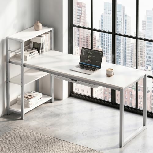 SHW 46-Inch Home Office Computer Desk w/Side Shelf & Drawer, White | w/ Reversible Adjustable Shelf | Drawer with adjustable compartments - color: White
