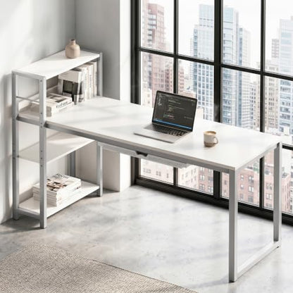 SHW 46-Inch Home Office Computer Desk w/Side Shelf & Drawer, White | w/ Reversible Adjustable Shelf | Drawer with adjustable compartments - color: White