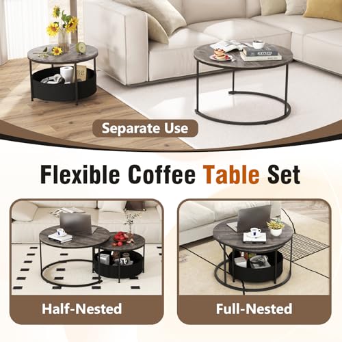 Tangkula Round Nesting Coffee Table Set of 2, Wooden Center End Table with Fabric Storage Basket & Metal Frame, Stacking Side Table for Apartment, Living Room & Bedroom (Gray & Black) - color: Gray & Black