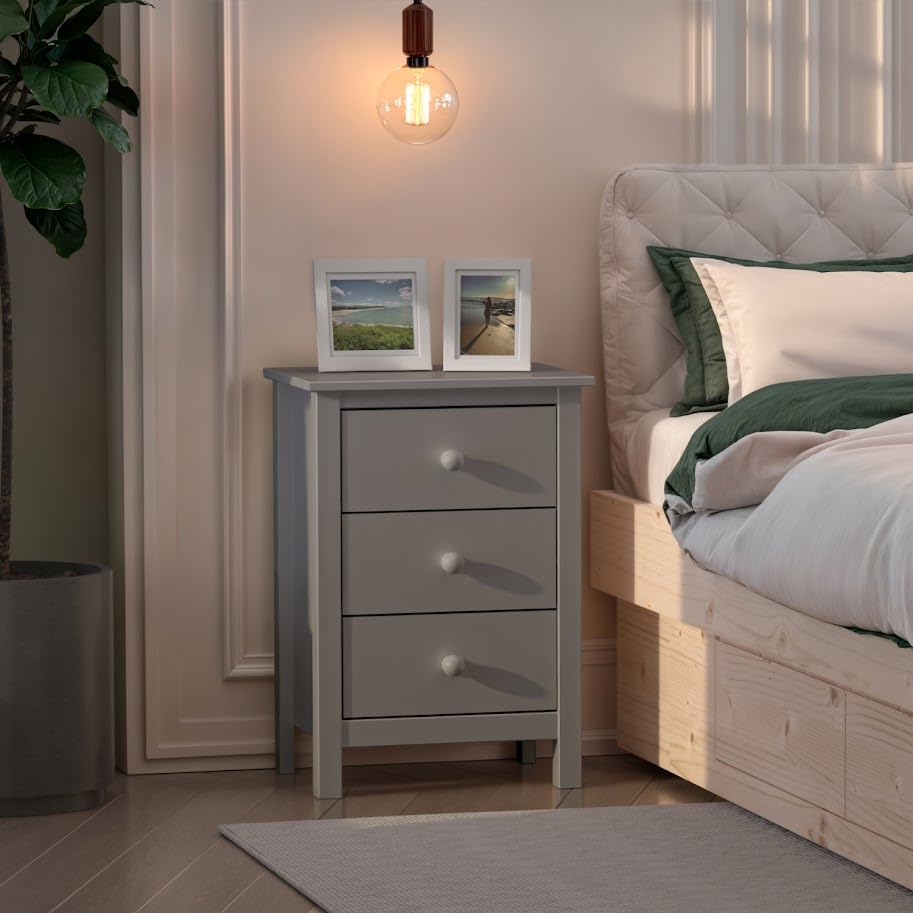From the Tree Furniture Tall Nightstand with 3 Drawers - Solid Pine Wood Bedside Table with Spacious Storage & Sustainable Design - Gray Side Table for Bedroom Organization & Style - color: Grey