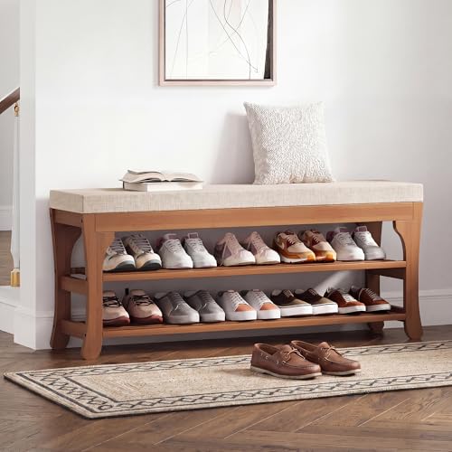PETKABOO 39.4" Shoe Storage Bench with Cushion, Bamboo Shoe Rack Bench, 2-Tier Entryway Shoe Organizer, Supports up to 380 LB, for Hallway, Bedroom, Closet, Living Room - size: 39.4"