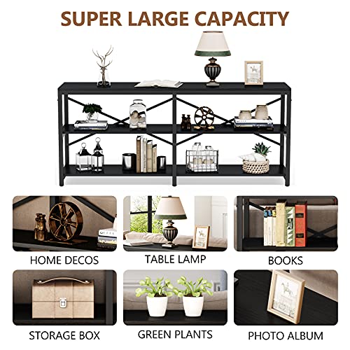 Tribesigns 70.9 Inch Extra Long Console Table, Modern Sofa Table Behind Couch Table with Storage Shelves, 3-Tier Industrial Hallway Entryway Table for Living Room, 3 Shelf Bookshelf(Black) - color: Black
