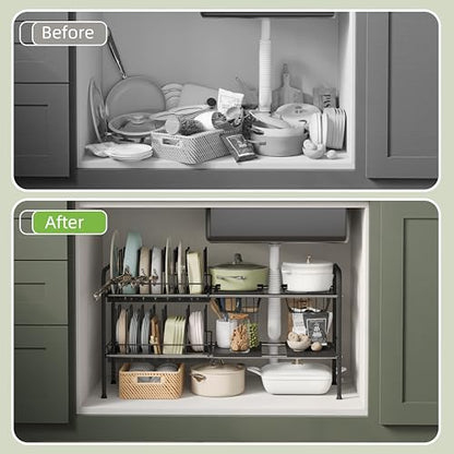 NETEL Adjustable Under Sink Organizers and Storage,Pots and Pans Organizer Under Kitchen Cabinet,Pan Lid Organizers Inside Cabinet,Expandable Cabinet Storage Shelf with Pan Rack and 14 Dividers - size: Multi-functional with 2 pot holders