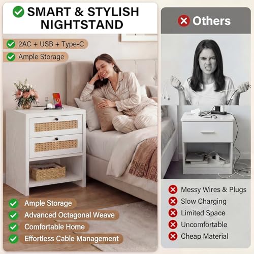 LIKIMIO Rattan Nightstand, 23" Wide Night Stand with Charging Station, Boho Side Table with 2 Drawers and Open Shelf, Bedside Table for Bedroom, White Oak