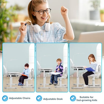 Rengue Kids Desk and Chair Set, Height Adjustable Children School Functional Study Desk with 55° Tiltable Desktop, 3 Modes & Brightness LED Light, Storage Drawer & Metal Hook for Boys Girls (Grey) - color: Grey