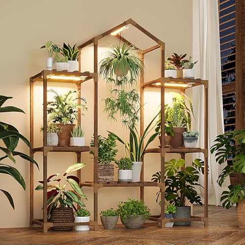 Bamworld Plant Stand Indoor with Grow Lights Wood Plant Shelf for Hanging Planter Pots Display Flower Stand for Living Room Patio Garden Decor - size: 3 Tiers - High Roof Plant Stand with Grow Lights