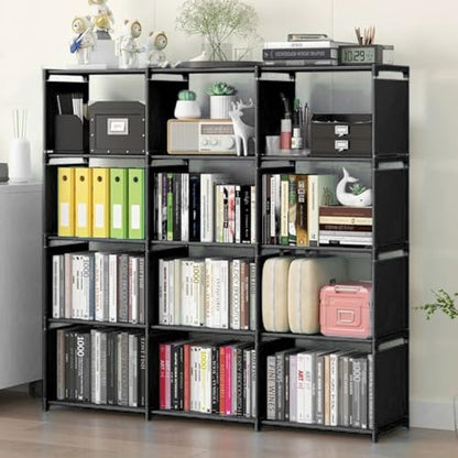 12 Cube Storage Organizer Book Shelves, DIY Open Stackable Bookshelf, Extra Large Plastic Bookcase Rack for Bedroom, Living Room, Home Office