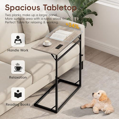 Vagusicc C Shaped End Table with Charging Station, C-Table End Table Adjustable Height Side Table for Couch, Large Couch Table, Slide Under Couch Table TV Tray Table for Sofa,Living Room,Bedroom, Grey - color: Greige, style: With Plug