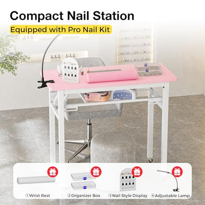 Portable Foldable Manicure Table with Dust Collector, Rolling Nail Tech Desk with LED Lamp, Wrist Rest, Lockable Wheels & Carrying Case for Home Salon, Travel & Mobile Nail Techs (Pink) - color: Pink