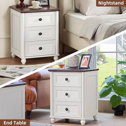 RWYHG 18" Night Stand with Charger Station, Nightstand with 3 Drawers | Farmhouse Modern Bedside Table, Metal Handle, Roman Column Legs, White Bed Side End Tables for Bedroom Living Room - color: Elegant White, size: 18"D x 18"W x 24"H (3 Drawers)