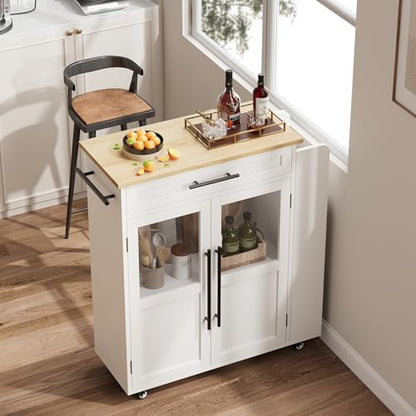 Garvee 36 in Kitchen Island Cart with Solid Wood Top - Farmhouse Mobile Storage Cart with Drawer, 3-Tier Shelves & Locking Wheels for Small Kitchens (White & Natural)
