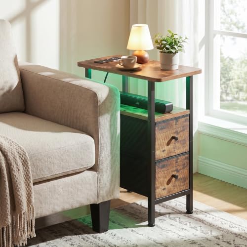 LOAKEKEL Narrow Nightstand with Charging Station, End Tables Living Room | Set of 2, Skinny Side Table with 2 Fabric Drawers, Small Sofa Table with LED Light for Bedroom, Brown - color: Rustic Brown + Black, style: Power + Light