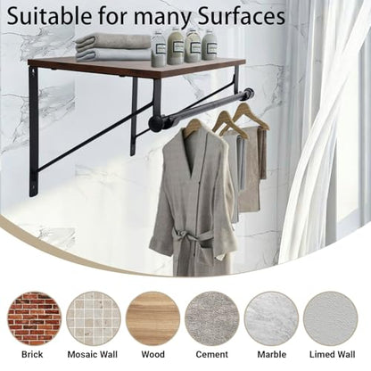 Wall Mounted Shelf with Hanging Rod, Laundry Room Shelves, Space Saving Organization for Bedroom, Bathroom, Laundry Room, Closet, Kitchen & Front Door