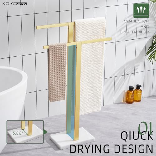 KOKOSIRI Bathroom Towel Rack 2-Tier Standing Towel Bars with Marble Base, Stainless Steel Freestanding Towels Holder, Thicken Steady Design, Brushed Gold THS0003-BG - color: Brushed Gold