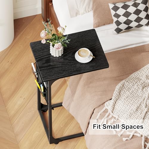 Fixwal C Shaped End Table Adjustable Height Side Table for Couch, TV Tray with Storage Bag Slide Under Sofa Small Tables for Living Room, Bedroom & Office, Black - color: Black, style: Long Board