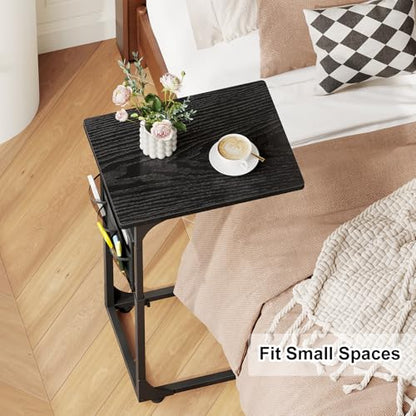 Fixwal C Shaped End Table Adjustable Height Side Table for Couch, TV Tray with Storage Bag Slide Under Sofa Small Tables for Living Room, Bedroom & Office, Black - color: Black, style: Long Board