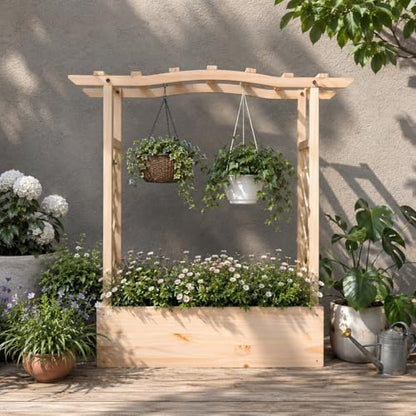 Giantex Raised Garden Bed with Trellis & Hanging Roof, Wooden Elevated Planter Box with Drainage Hole, Freestanding Gardening Planter Raised Bed for Flowers Herbs Climbing Plants Vines, 44”x14”x45” - color: Natural, size: 44”x14”x45”