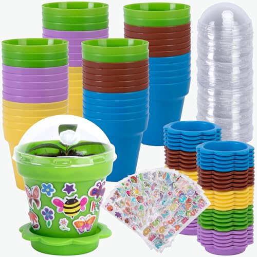 50 Packs Cupcake Plant Nursery Pots with Humidity Dome, Small Plastic Flower Plant Pots with 40 Sheet Stickers, Seeds Starter Pot Flower Planting Container for Seedlings Succulent Display (Mix Colors) - color: 50 Packs With 40 Sheet Stickers