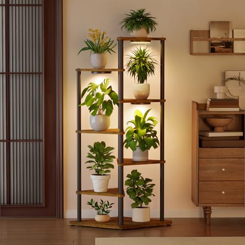 iDavosic.ly 6 Tier Plant Stand Indoor with Grow Lights, Black & Brown 49 In | Sturdy Corner Flower Shelf for 12'' Large Heavy Duty Flower Pot, Ideal for Patio Living Room Balcony Porch, Easy Assembly - size: 6 Tier with Light