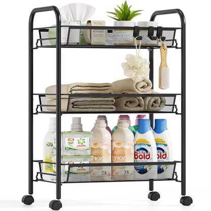 SYKIARIOL Metal Rolling Utility Cart, 3-Tier Mesh Wire Storage Trolley with Easy Assembly, Organizer Craft Cart 3 Hooks, Mobile Shelving Unit for Kitchen, Bathroom, Laundry Room, and Home