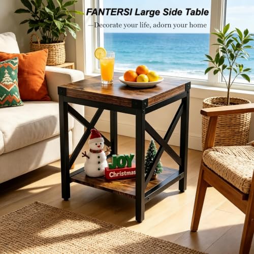 Industrial End Table for Living Room, 18" Large Square Side Table with 2-Tier Storage Shelf, X-Design Metal Frame, Rustic Brown Modern Farmhouse Nightstand Bedside Table for Bedroom Office