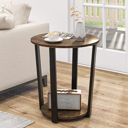 Giantex Round End Table Set of 2, 2-Tier Side Sofa Table with Open Storage Shelf and Metal Frame, Industrial Nightstand Bedside Table for Living Room, Bedroom, Accent Furniture, Rustic Brown - color: Rustic Brown
