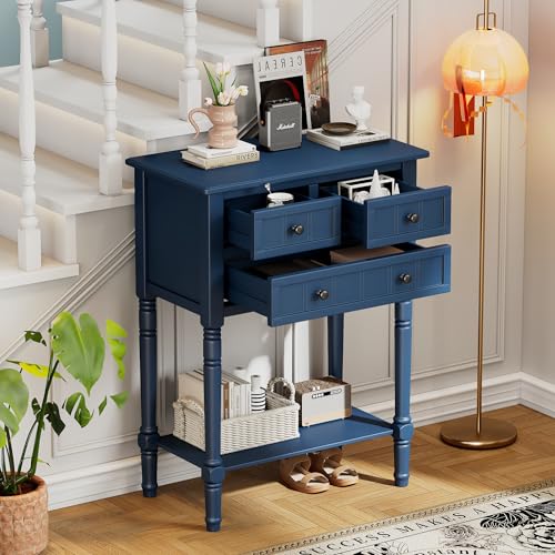 GDFStudio Narrow Console Table - Slim Sofa Tables with 3 Storage Drawers & Bottom Shelf,Solid Wood Frame,Distressed Finish - Accent Table for Living Room,Hallway,Small Spaces,Entryway,23.7" Navy - color: Navy