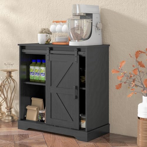 Panana Sliding Barn Door Buffet Sideboard Storage Cabinet Coffee Bar Kitchen Farmhouse Style (Black) - color: Black