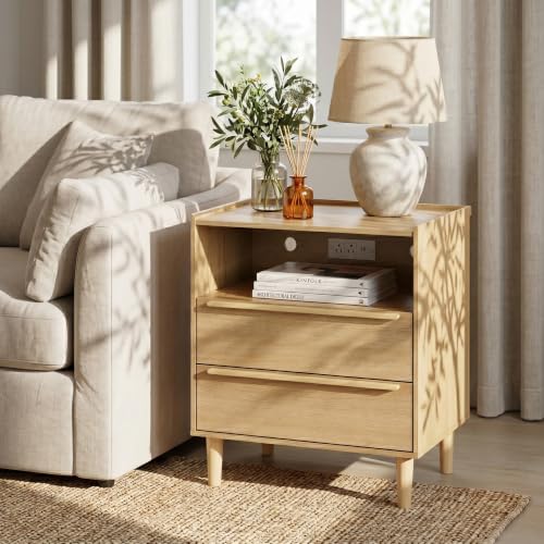 26 Inch Tall Natural Oak Nightstand with Charging Station, 2 Drawers | 24 inch wide, 16 inch deep design with raised-edge tray top, open shelf, hidden storage, and a lighter bedside feel - color: Natural Oak