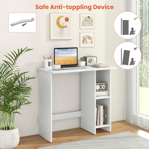 Giantex Small White Desk, Compact Study Writing Desk with 3-Position Adjustable Shelf, Anti-Toppling Kit, Modern PC Laptop Table, Home Office Computer Workstation for Small Space Bedroom Dorm - color: White