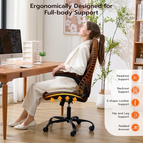 Ylzyxal Office Desk Chair, Ergonomic Computer Chair with Padded Flip-Up Arms and Adjustable Lumbar Support, PU Leather Executive Chair with Tilt Lock and 360° Swivel Rolling Wheels for Work, Study - color: Darkbrown