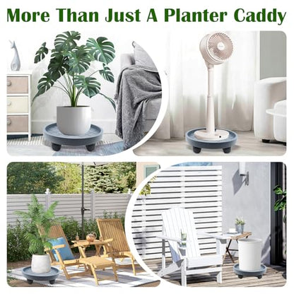 K KASONIC 12 Inch Plant Caddy with Wheels, 220LBS Capacity Rolling Plant Stand Dolly, 2 Pack Round Planter Saucer Mover Base Tray for Indoor Outdoor Potted Plants, Includes 5M Tearable Plant Ties