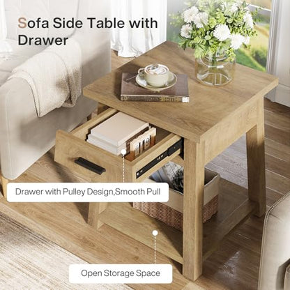 Tribesigns Side Table Set of 2, Wooden End Table with Drawer Storage, Rustic Nightstands for Bedroom, Living Room, Office and Small Spaces