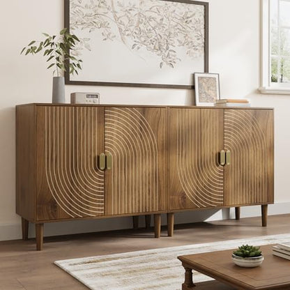 Smuxee Walnut Sideboard Cabinet, Freestanding Buffet Cabinet with Line Groove Design, Wood Storage Cabinet with Adjustable Shelf for Living Room, Entryway, Hallway - color: Walnut