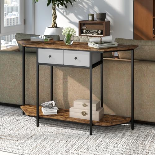 GOFLAME Entryway Table with 2 Fabric Drawers, 51“ Narrow Sofa Table with Open Storage Shelf, Heavy-Duty Frame, Industrial Half Moon Console Table for Living Room, Hallway, Rustic Brown