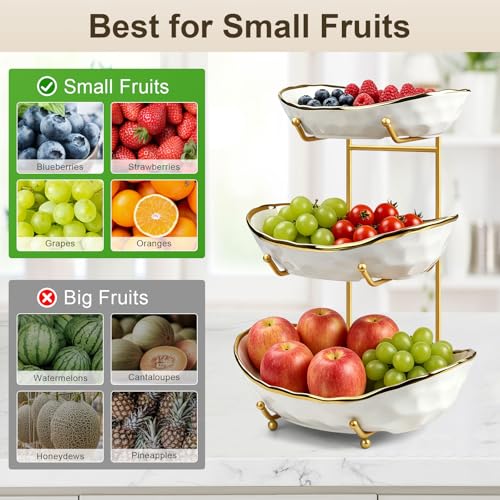 Fruit Bowl for Kitchen Counter - 3 Tier Ceramic Fruit Rack, Fruit Basket for Fresh Fruit&Veggies, Tiered Fruit Platter Serving Trays for Party - color: White-3 Tier