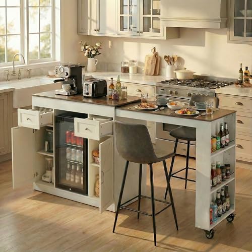 ARTETHYS 48”- 80” Extendable Kitchen Island with Fridge Storage for Kitchen | White Expanded Kitchen Counter with Compartment & Drawers, Sideboard Buffet Table with Cabinet and Side Rack - color: White