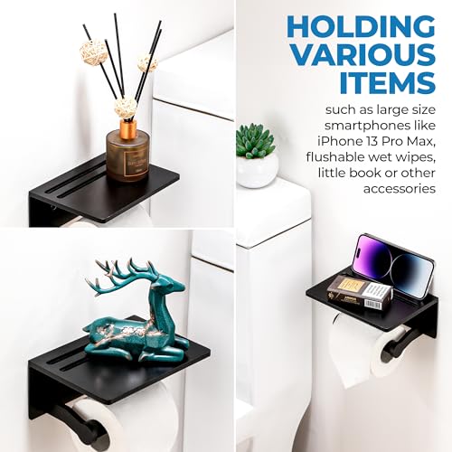 Toilet Paper Holder with Shelf, Black Anti-Rust Aluminum Tissue Roll Holder with Mobile Phone Storage Shelf for Bathroom, 3M Self Adhesive No Drilling or Wall Mounted with Screws - color: Black