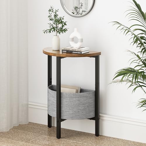 Vagusicc Small Round Side Table, Accent End Table with Storage Basket, Set of 2 Half Round Coffee Table End Table, Half Moon Bedside Table, Modern Nightstand Couch Table for Living Room Bedroom, Brown - color: Rustic Brown