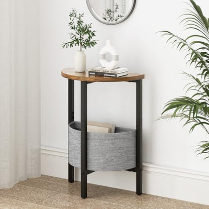 Vagusicc Small Round Side Table, Accent End Table with Storage Basket, Set of 2 Half Round Coffee Table End Table, Half Moon Bedside Table, Modern Nightstand Couch Table for Living Room Bedroom, Brown - color: Rustic Brown