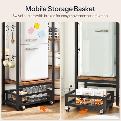HOOBRO Mini Fridge Stand with Storage, Microwave Stand with Movable Basket, 3-Tiers Coffee Bar Station, Bakers Rack with Power Outlet, for Kitchen, Dorm, Office, Rustic Brown and Black BF38UHB01