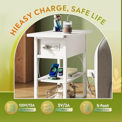 WLIVE 3-Tier End Table with Charging Station, Flip Top Side Table with Storage Shelf, Sofa Couch Table with USB Ports and Outlets, Narrow Bedside Table for Living Room, Bedroom - color: White