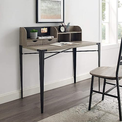 Interior Elements Industrial Modern Wooden Secretary Office Desk with Hutch - Grey Wash, 42"