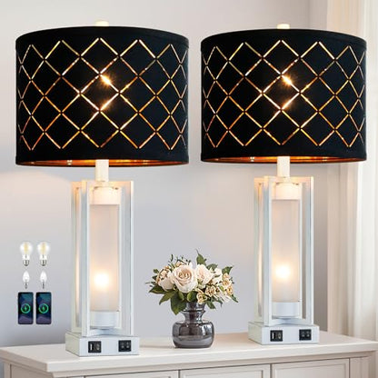 25" Set of 2 Farmhouse Table Lamps with USB C+A Ports | Rustic Retro Nightstand Lamps with White Night Light, Black Grid Shade, Desk Lamps for Bedroom Bedside, 4 Bulbs Included - color: White