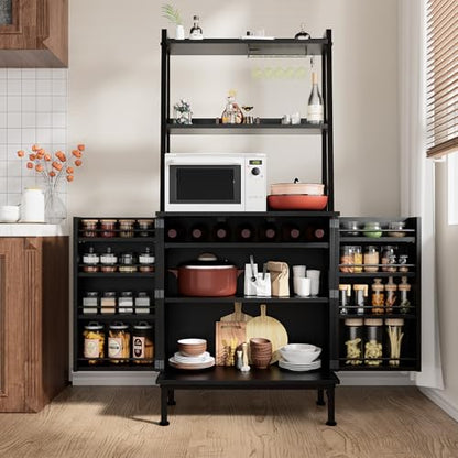 58” Pantry Cabinets with Microwave Shelves, Freestanding Kitchen Storage Cabinet with Adjustable Shelves, Buffet Cupboards for Kitchen, Dining Room, Living Room Use, Black - color: B-58" Black
