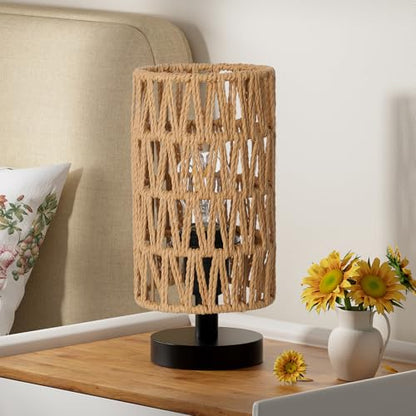 Fenmzee Small Table Lamp for Bedroom - Inline Control, Bedside Lamp with 3000K A15 LED Blub, Easy Assembly（Rattan Rope Shade-Black Base，9" Inline Control） - color: Rattan Rope Shade-Black Base