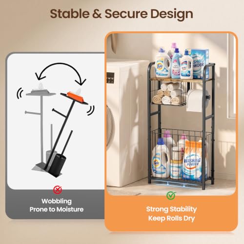 Freestanding Toilet Paper Holder Stand with Storage forSmall Bathroom Space | Holds 9 Spare Rolls, Phone, Wipes & Magazines –Large Capacity Toilet Paper Stand – Toilet Roll Dispenser and Organizer - color: Black