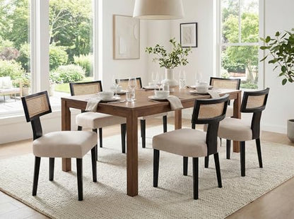 RIVOVA Rattan Dining Chairs Set of 4, Modern Dining Chair, Kitchen Dining Room Chair, Curved Cane Back Upholstered Linen Fabric Dining Chairs with Black Wood Frame, Beige - color: Beige Black Rattan