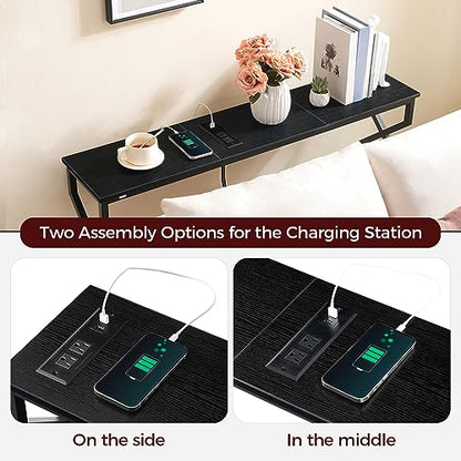 MAHANCRIS 44.9" Sofa Table, 9.4" Narrow Console Table with Charging Station, Couch Table Behind Sofa with Outlet, Entryway Table with Display Shelf, Living Room, Black CTHB113E01 - color: Black