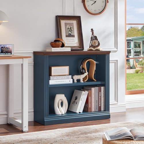 RWYHG 30" Blue Small Bookcase, 2 Tier Farmhouse Wooden Short Book Shelf | Adjustable Shelves Bookshelf, Open Display Storage, Wood Veneer Bookshelves, Thick Sturdy Base, for Living Room,Office
